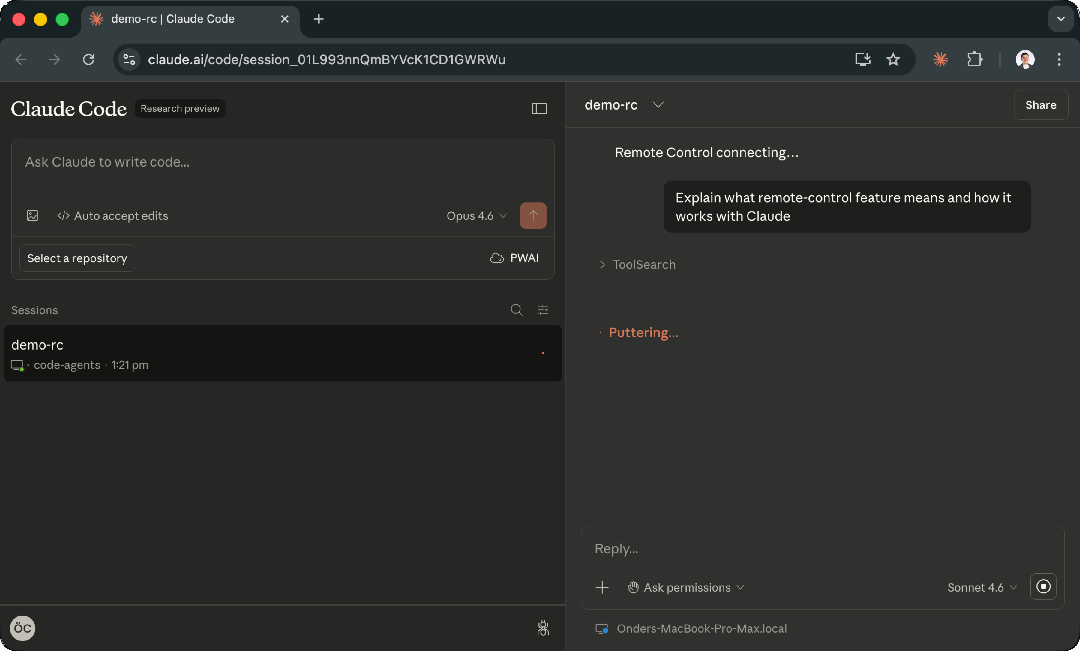 Continue the remote session on the web